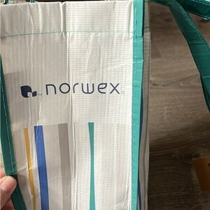 Norwex Teal and Multicolor Tote Bag, Hand Towel, Bath Towel, and Kitchen Towel